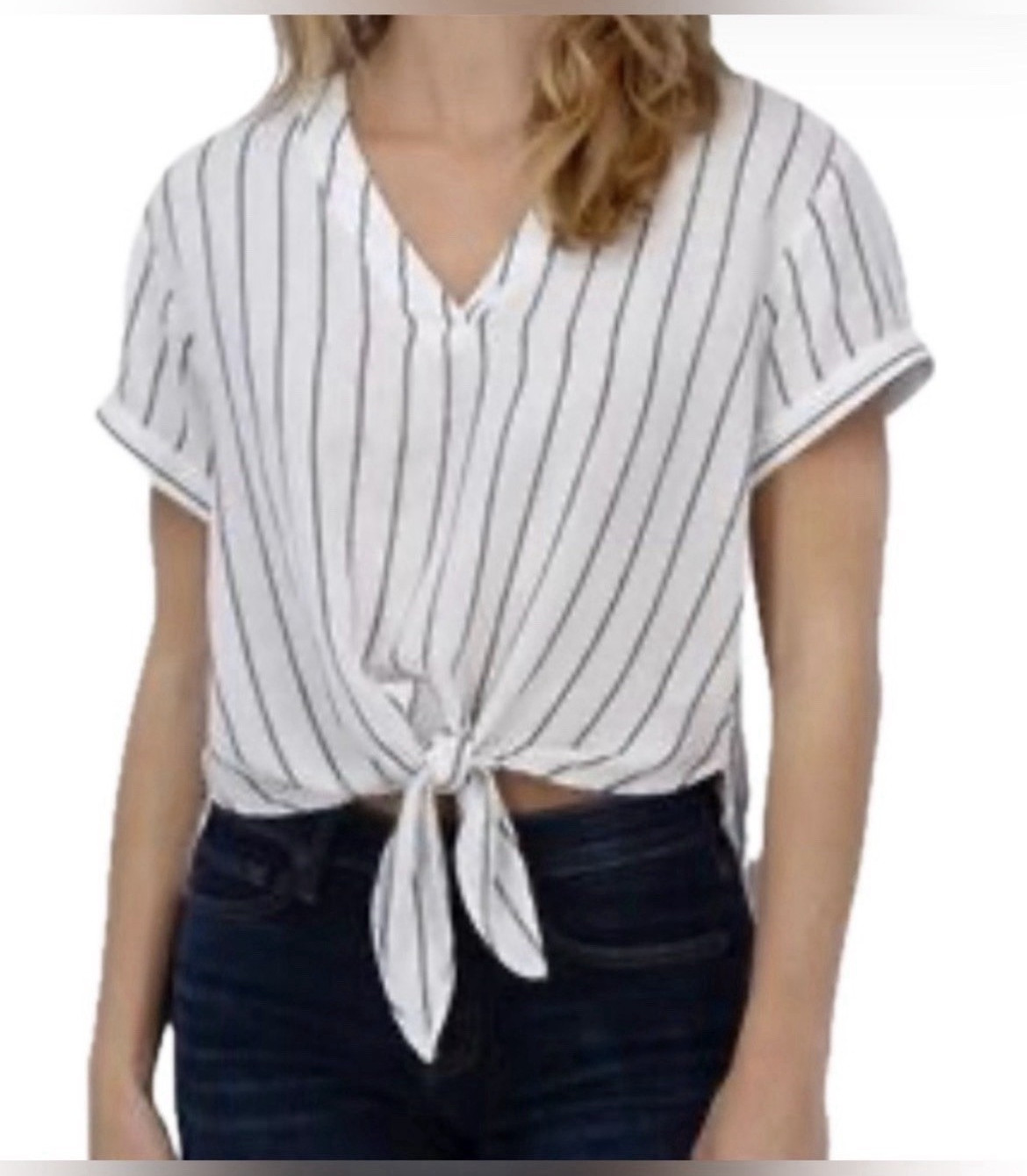 Lucky Brand Women’s L White/Black Striped V-Neck Short Sleeve Tie-Front Blouse