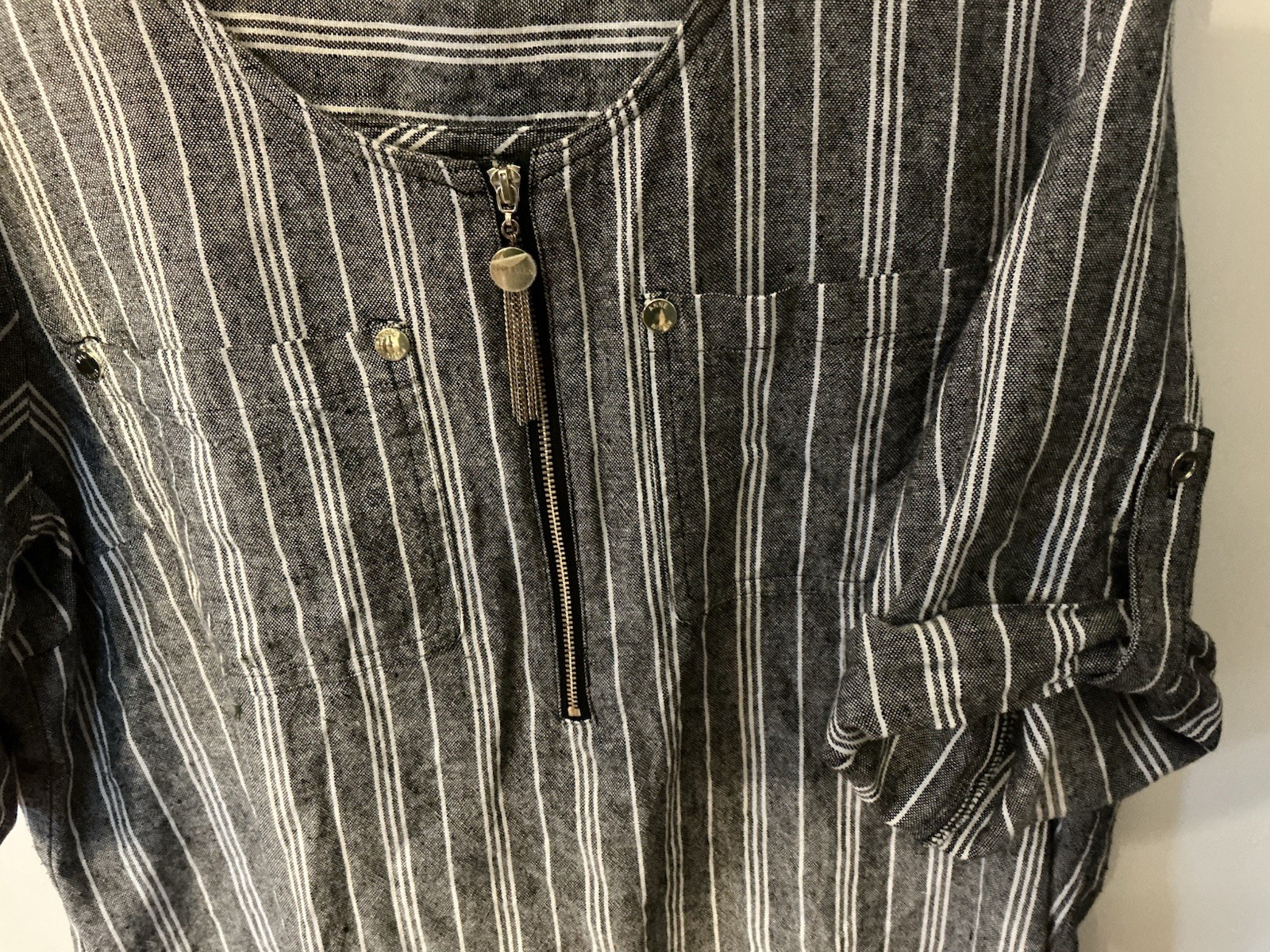Quality Anne Klein 3/4 Zip Tunic, Gray/White Stripes, Monogram Buttons Silver