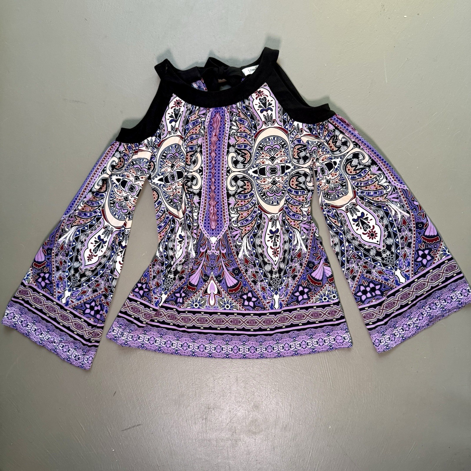 5 Twelve Cold Shoulder Blouse XS Whimsygoth Bell Sleeve Paisley Festival
