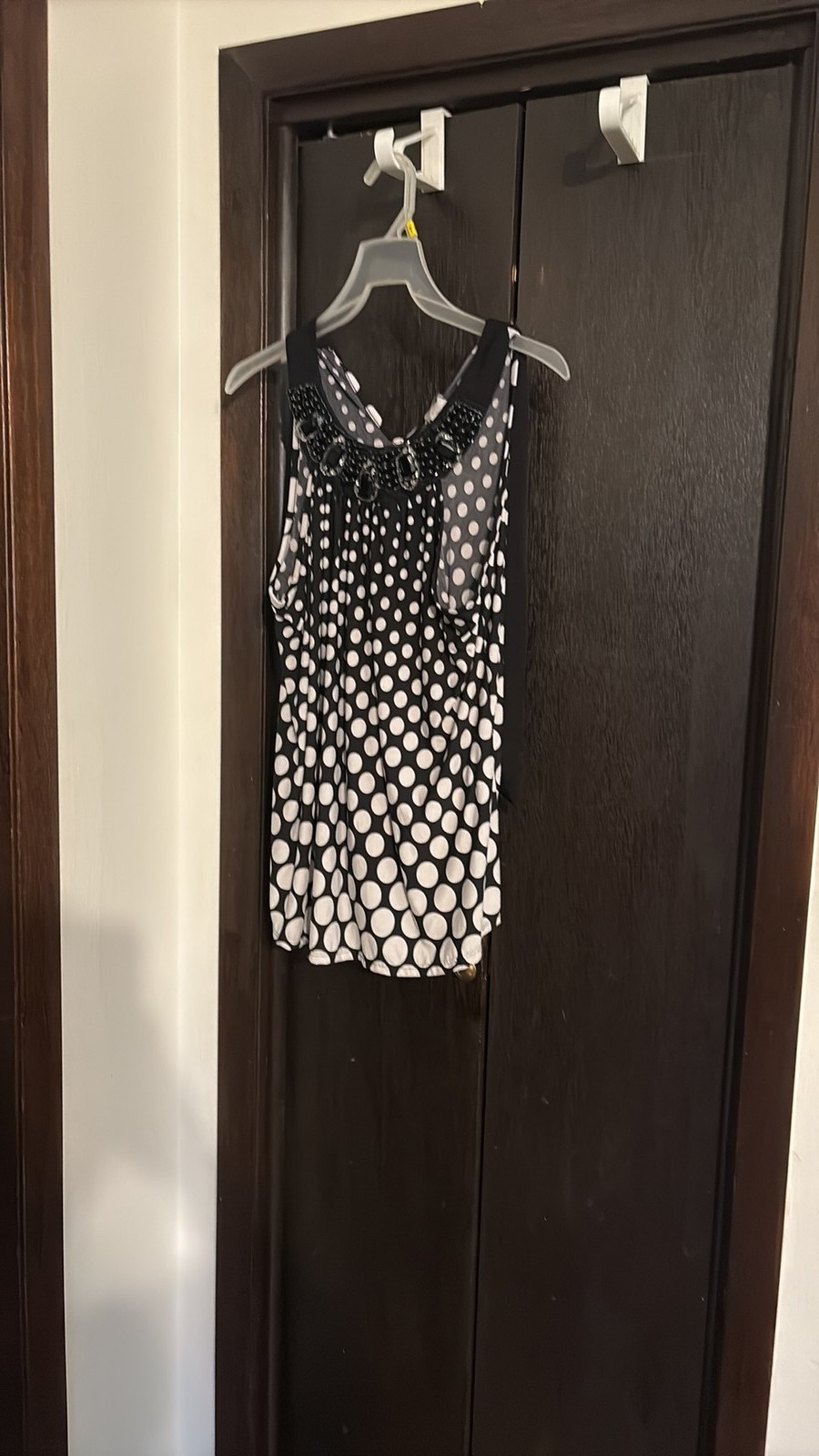Charming Charlie Polka Dot Sleeveless Top with Beaded Neckline