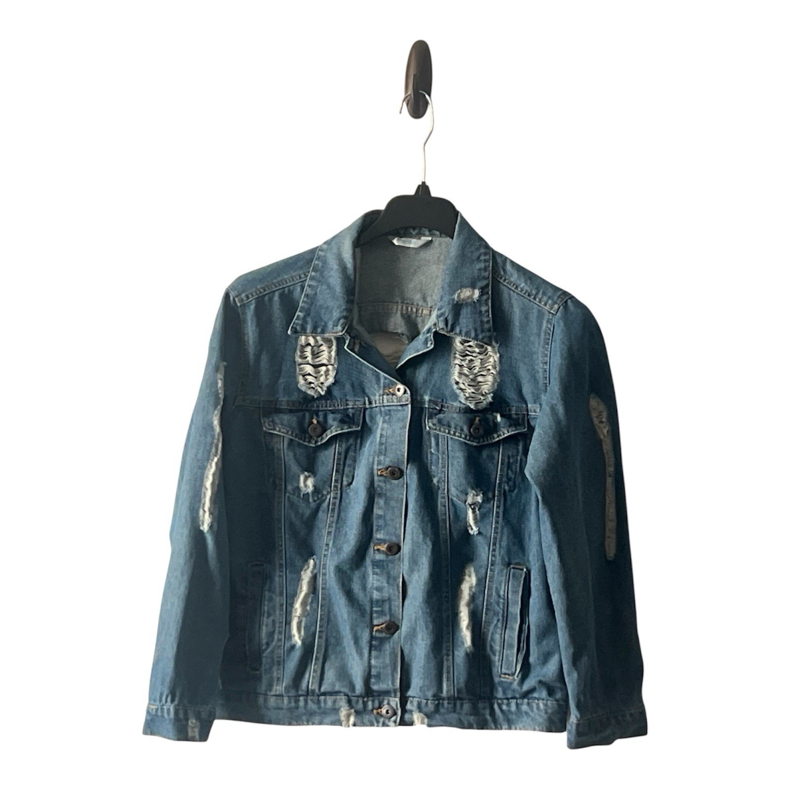 Highway Jeans Women’s Ripped Shredded Distress Long Sleeve Denim Jacket Size L