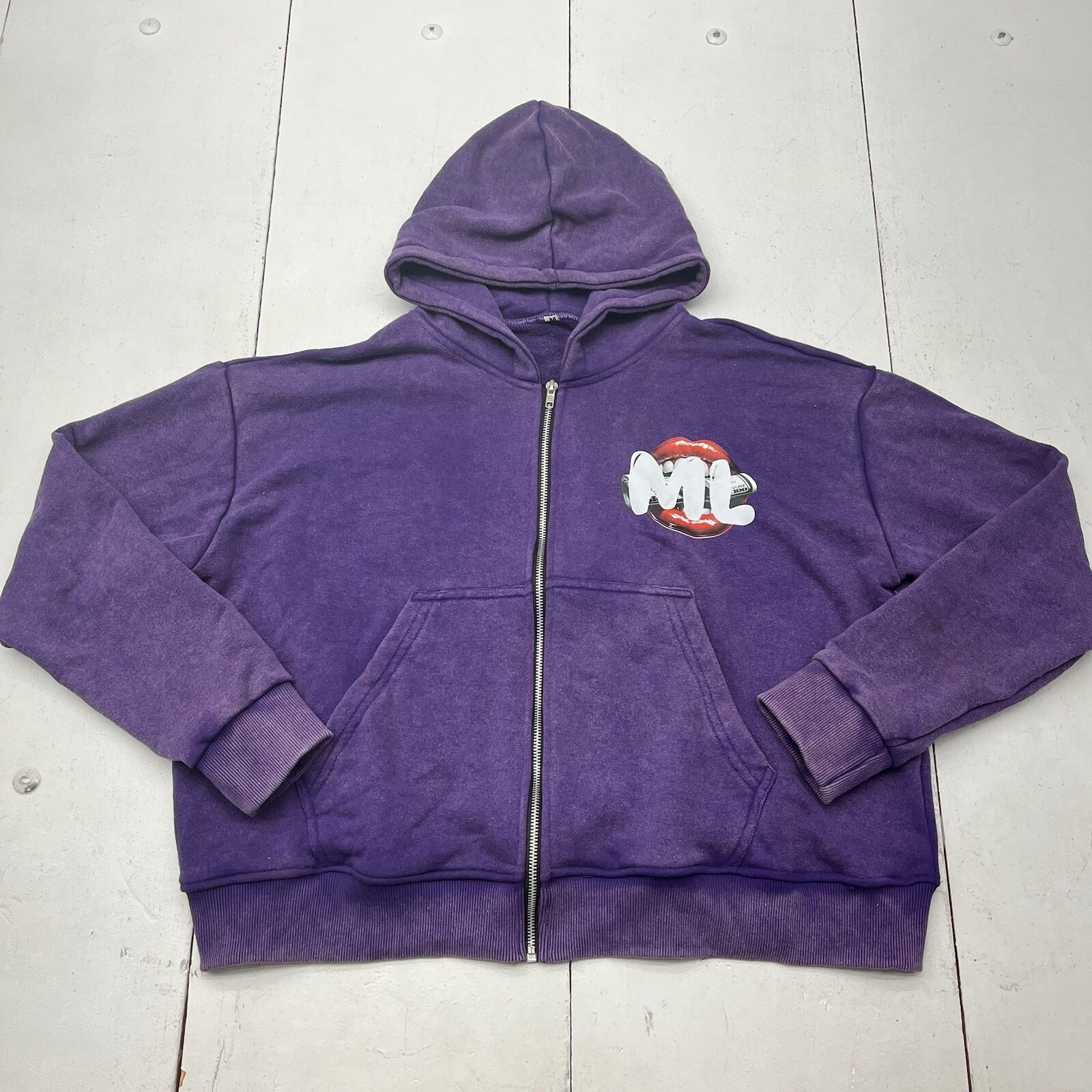 Purple Hooded Full Zip Long Sleeve Jacket Front Back Money Love Graphic Womens M