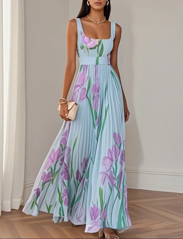 Sleeveless Formal Pleated Printed Dress Women A-Line Elegant Party Summer Midi
