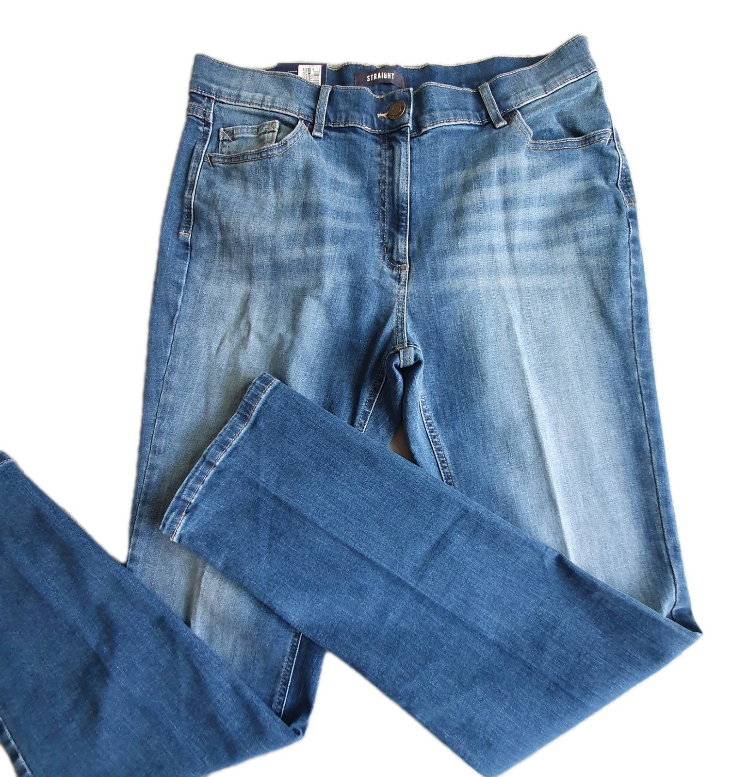 M&S Collection Straight Leg Jeans UK 16 Womens Blue Long Stretch Zip Fly