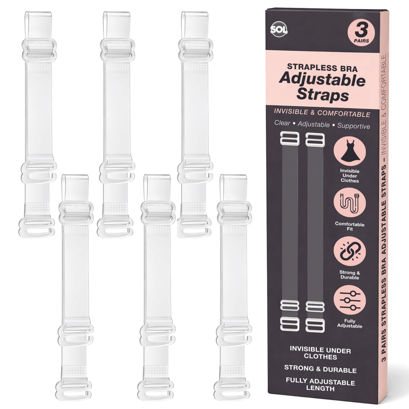 3 Pairs Invisible Bra Straps Clear Adjustable Transparent Easy Clip On Hooks