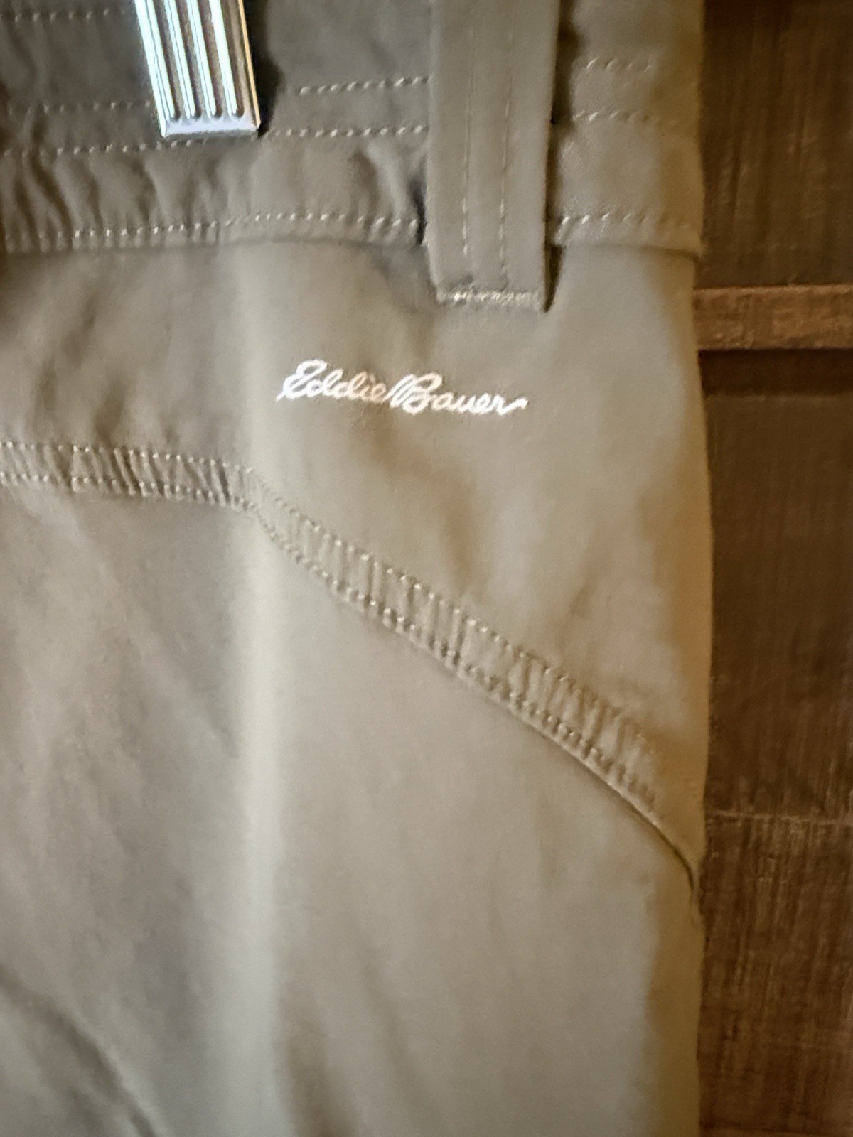 Eddie Bauer Khaki Women’s Pants Button Logo Zipper Flat Front Solid