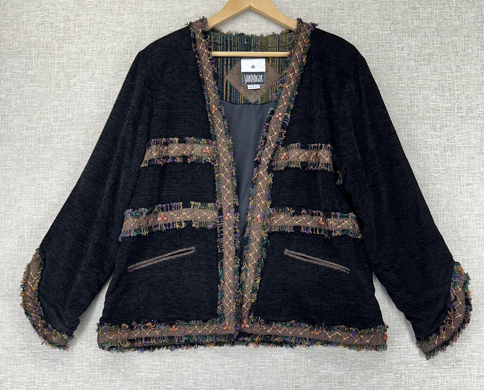 Yak Magik Jacket Womens Large Black Multicolor Boho Open Front Nepal Fringe Trim