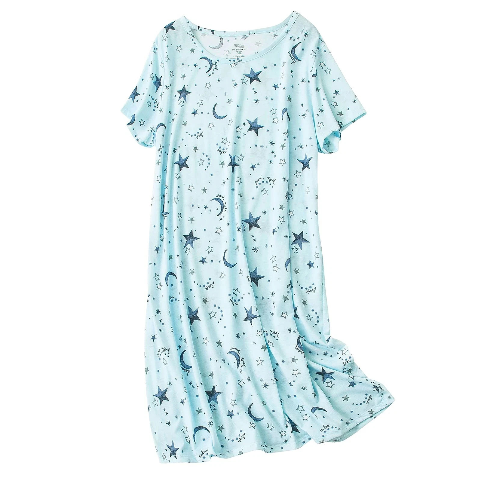 Cotton Nightgown for Women – Short Sleeve Sleepwear, Green Star, XL