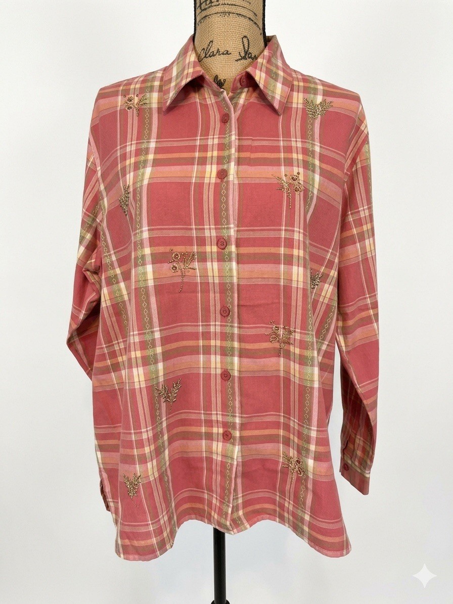 Alfred Dunner Women’s Multicolor Plaid Embroidered Button Down Blouse Size 16