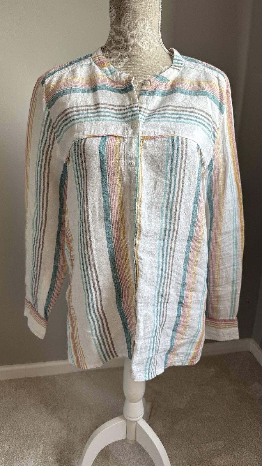 M&S 100% LINEN MULTI/NEUTRAL STRIPE LONG SLEEVE BLOUSE/SHIRT SIZE 12