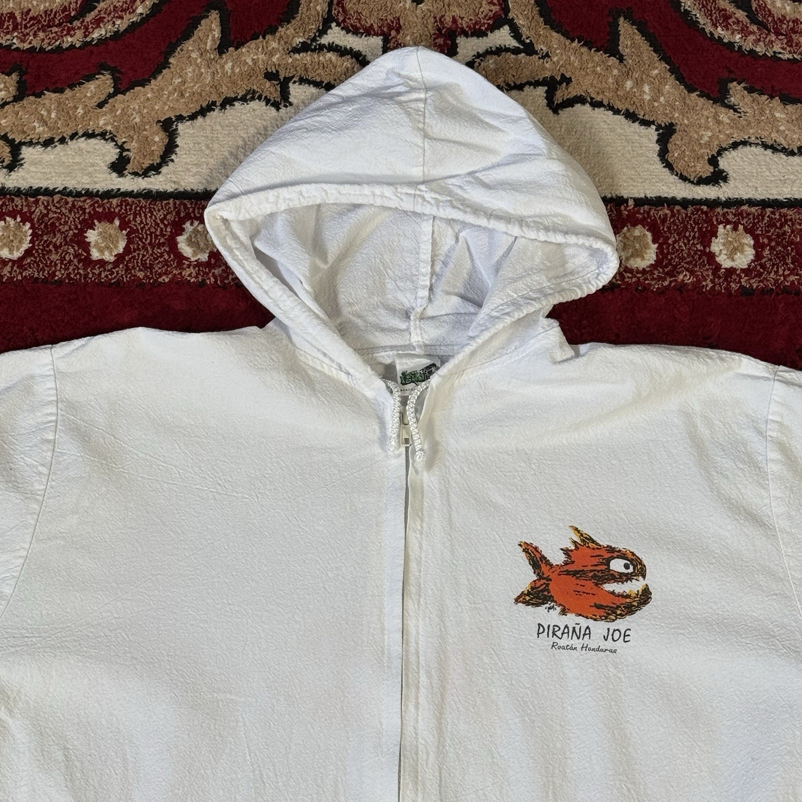 Vintage Piraña Joe Roatan Honduras Full Zip Linen Hoodie Beach Jacket Size M