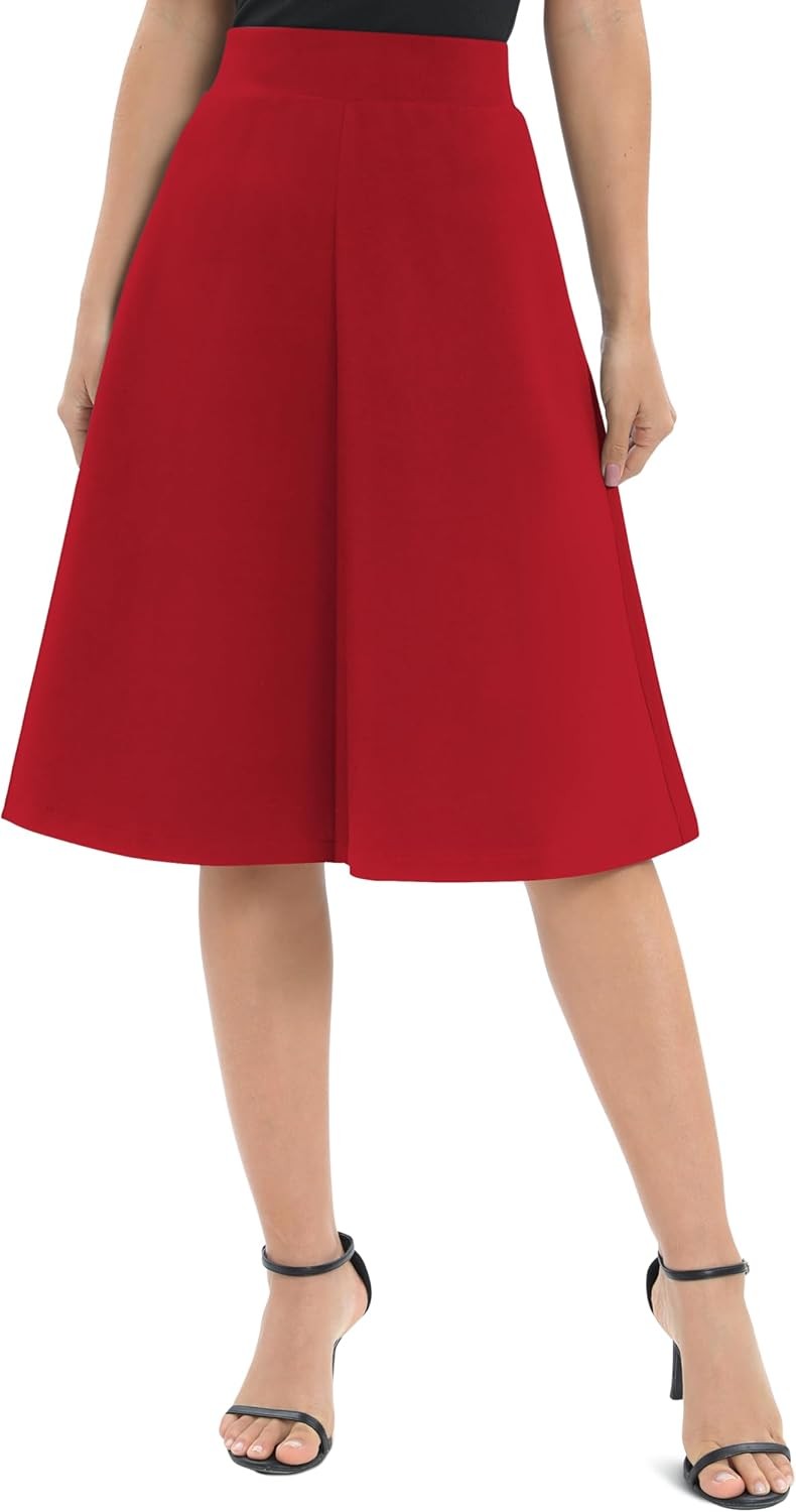 Womens High Waist A-Line Work Skirt Stretchy Knee Length Flare Office Midi Skirt