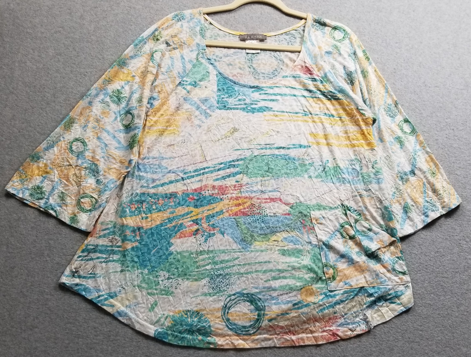 Via Ritina Top Womens Extra Large XL All Over Print ¾ Sleeve Stretch Burnout Tee