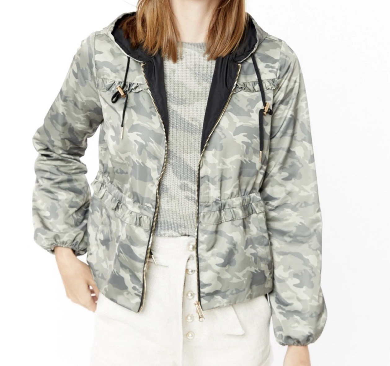 Generation Love Barron Windbreaker Gray Camo Hooded Full Zip Jacket Pockets M