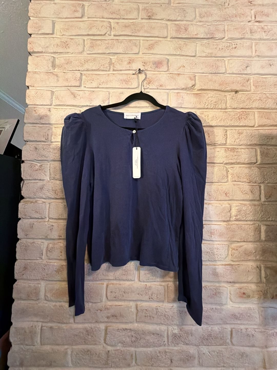 Self Contrast Long Sleeve Solid Knit Tee with Keyhole and Puff Shoulders