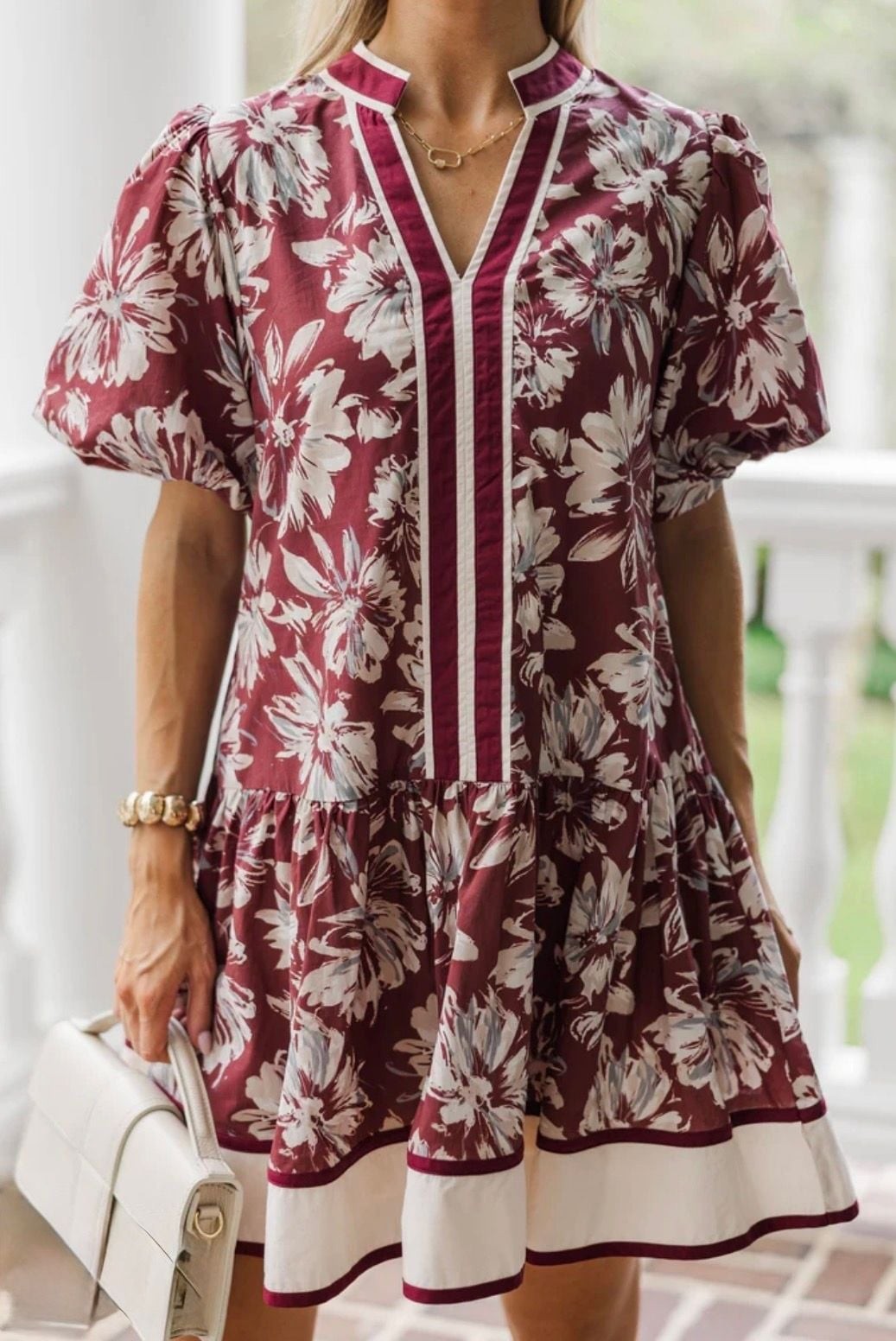 Entro Women’s Burgundy Floral Print Mini Dress with Puff Sleeves and Contrast Tr