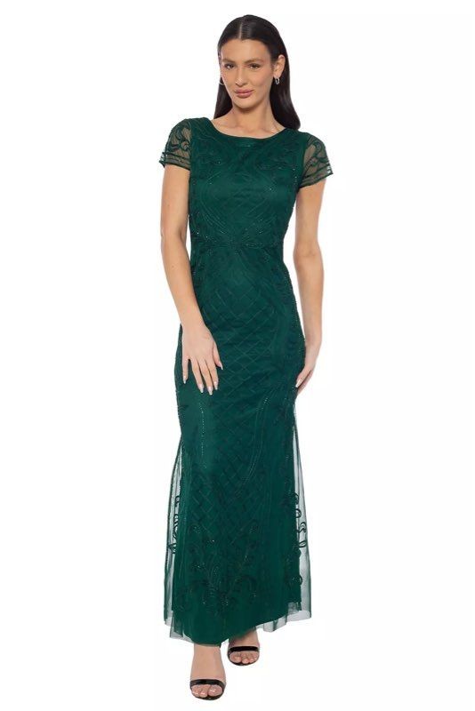 NWT Women’s Oleg Cassini Hunter Green Mesh Beaded Dress Size S GORGEOUS!