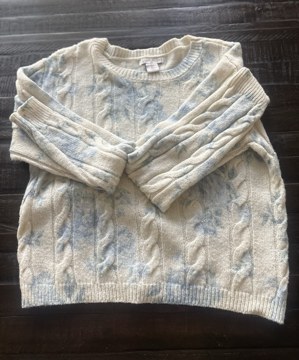 Sincerely Jules Womens Large Cable Knit Sweater Blue White Tie Dye CrewNeck