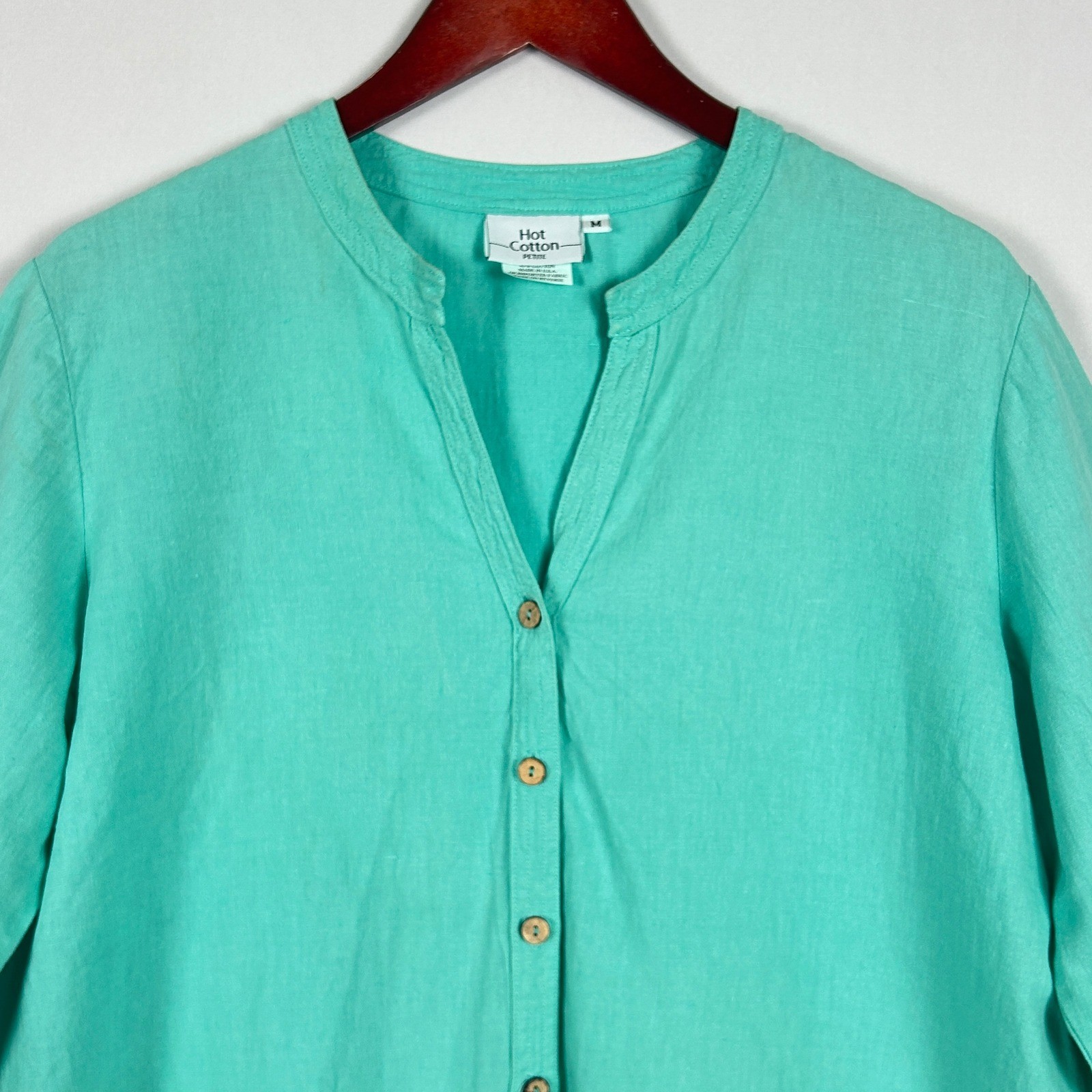 Hot Cotton Petite Womens M Linen Cotton Top Button Up Blouse Turquoise Teal