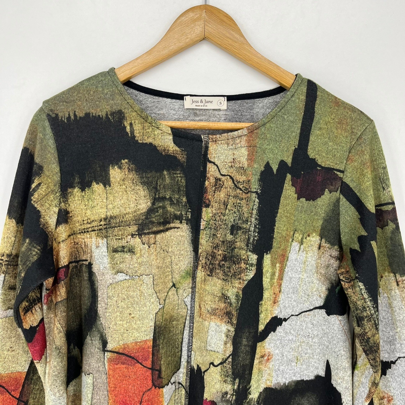Jess & Jane Womens Small Abstract Print 3/4 Sleeve Tunic Top Earthy Artistic USA