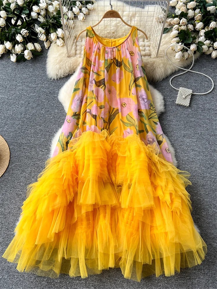French Vintage Print Dress O-Neck Spaghetti Strap Irregular Ruffles Beach Dress