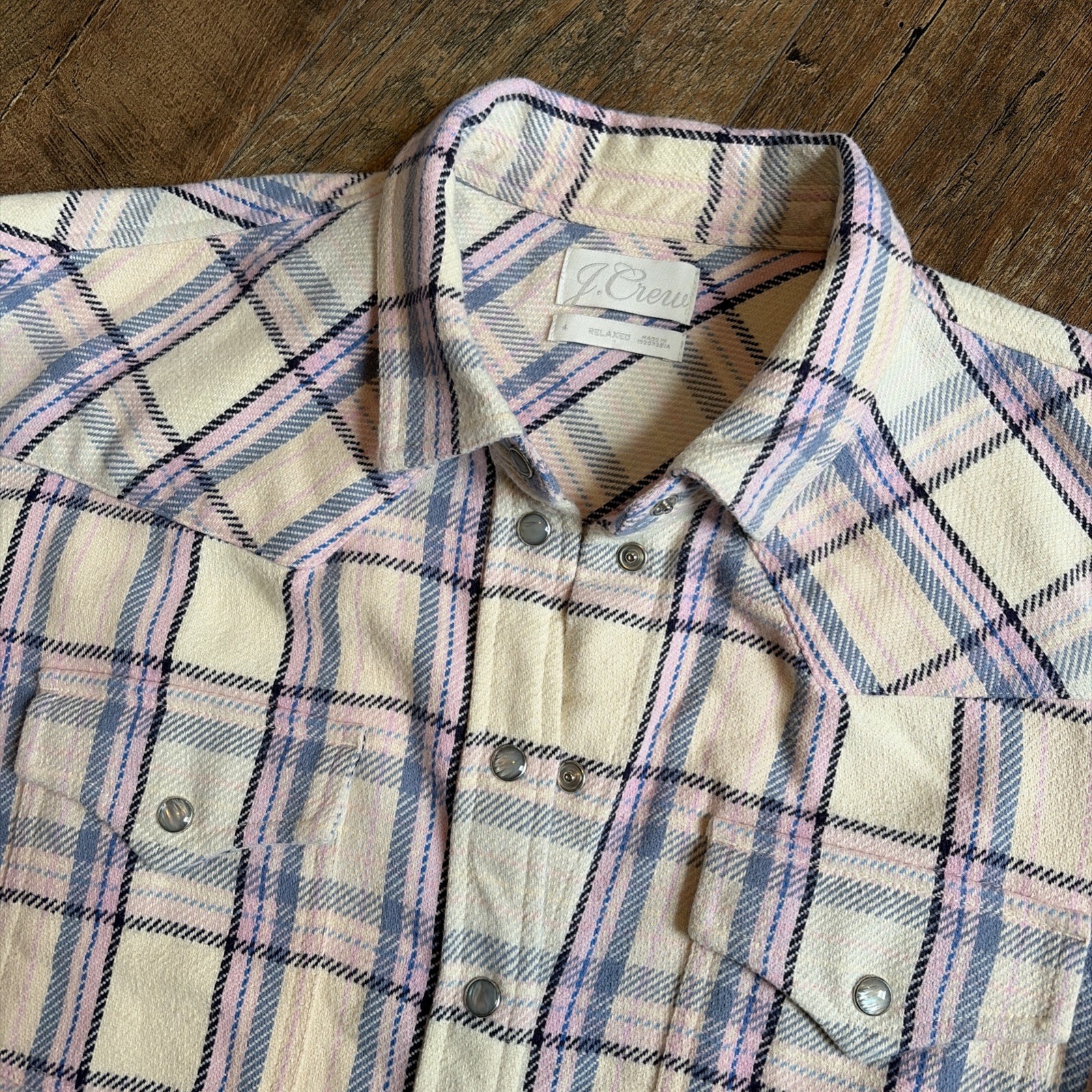 J Crew | 100% Cotton ‘Relaxed Fit’ Blue & Pink Plaid Pearl Snap Oversize Flannel