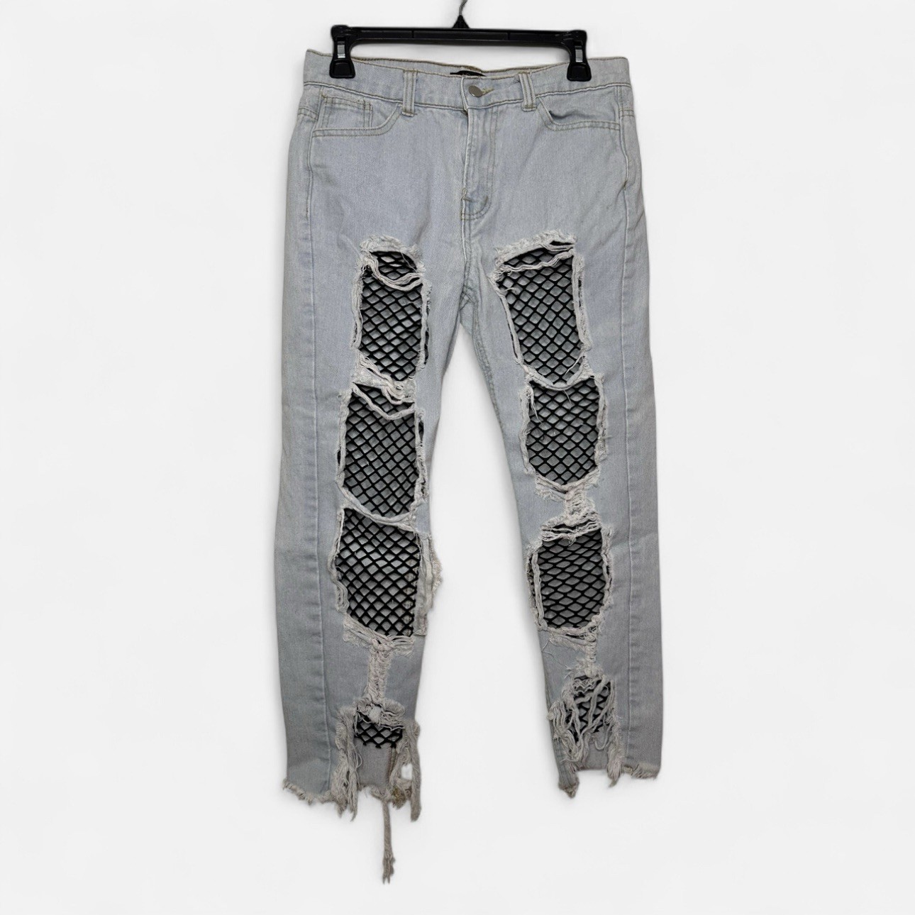 Brooklyn Karma Fishnet Boyfriend Jeans in Light Steel Blue Size Small Mixology