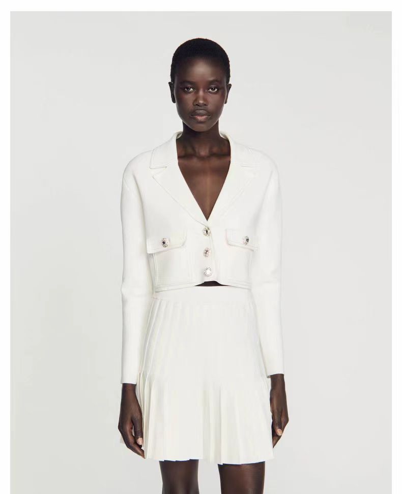 Sandro Women’s lapel white Suit collar single-breasted Knitted Coats Jackets