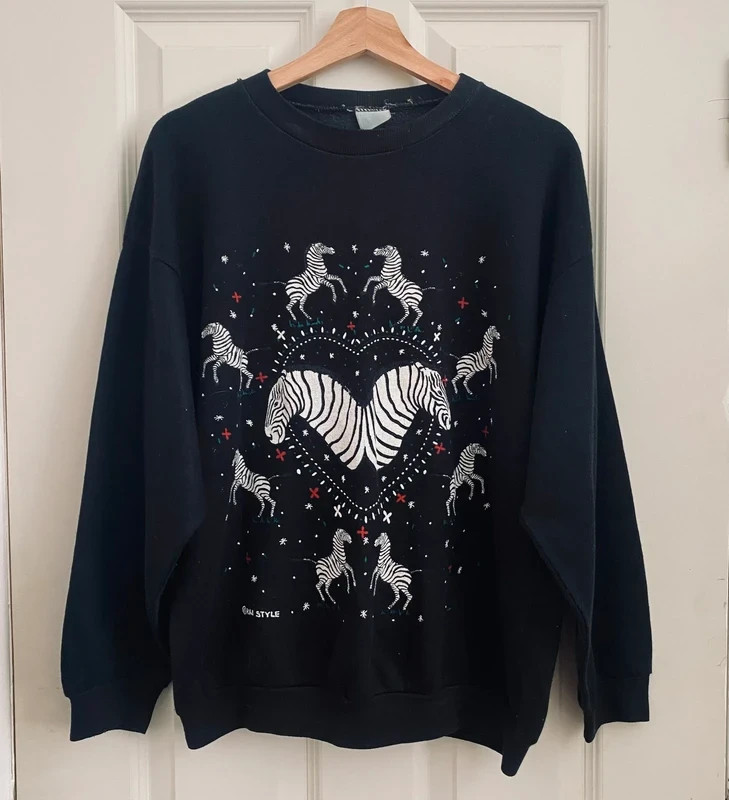 Vintage Zebra Sweatshirt Women’s Medium Black Retro Animals Safari 90s Boho