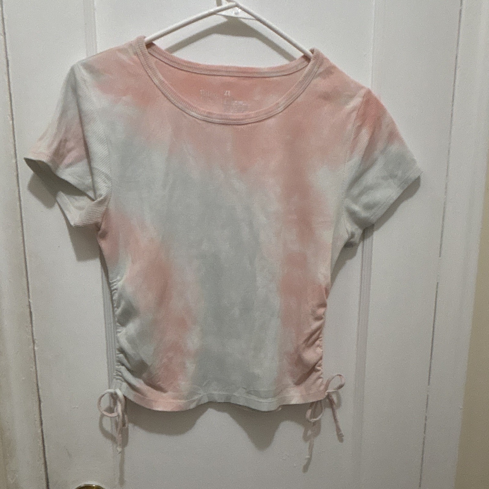 Juniors Active Pink Gray Tie-Dye Ribbed Drawstring Side Ruched T-Shirt Size XL