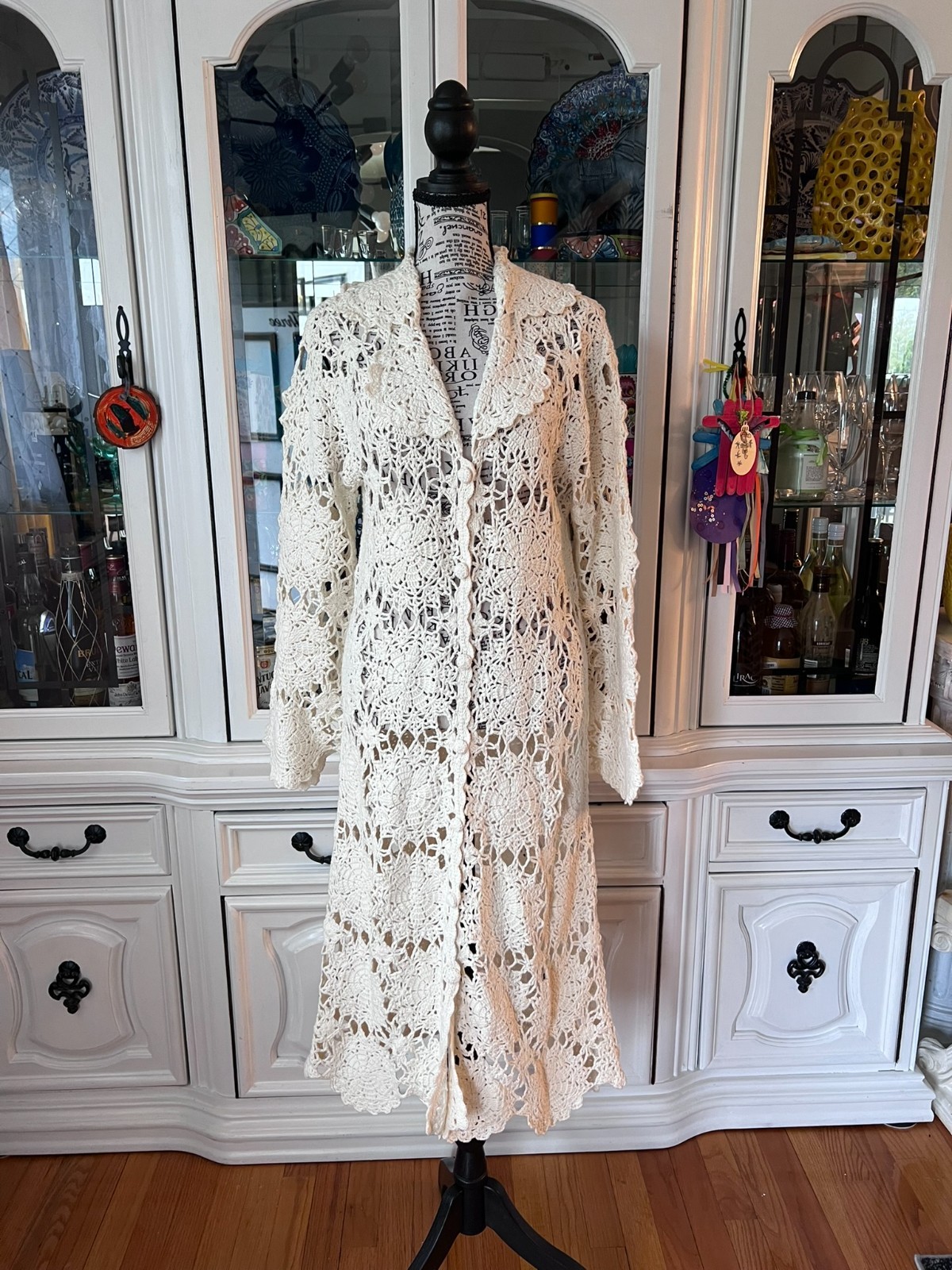 Newport News Cream Crochet Long Cardigan Duster with Scalloped Edges S
