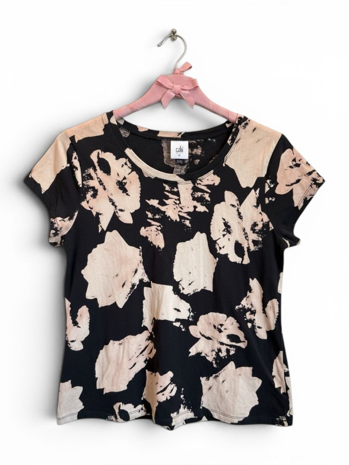 Cabi Floral Print Tee Sz Medium Black Blush Pink Cotton Short Sleeve Top