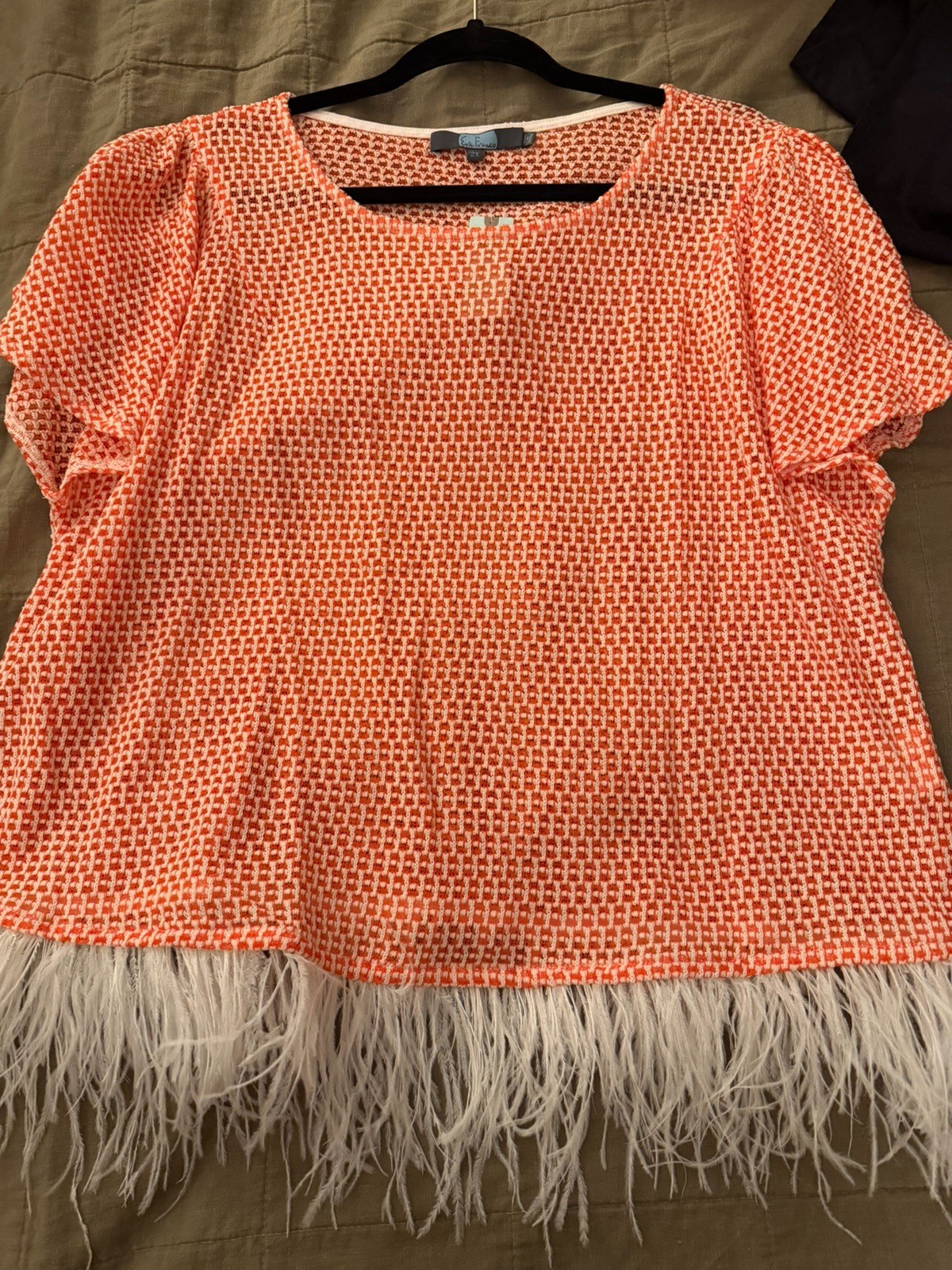 Anthropologie Women’s Plus Eva Franco Orange And White Knit Top Ostrich Feathers