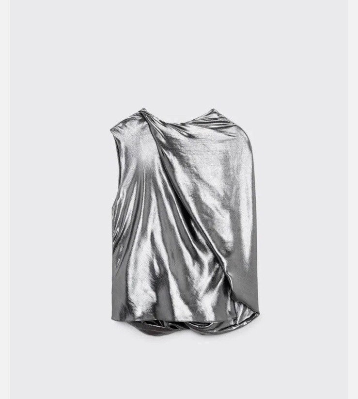 ZARA Asymmetric Metallic Silver Grey Top Small