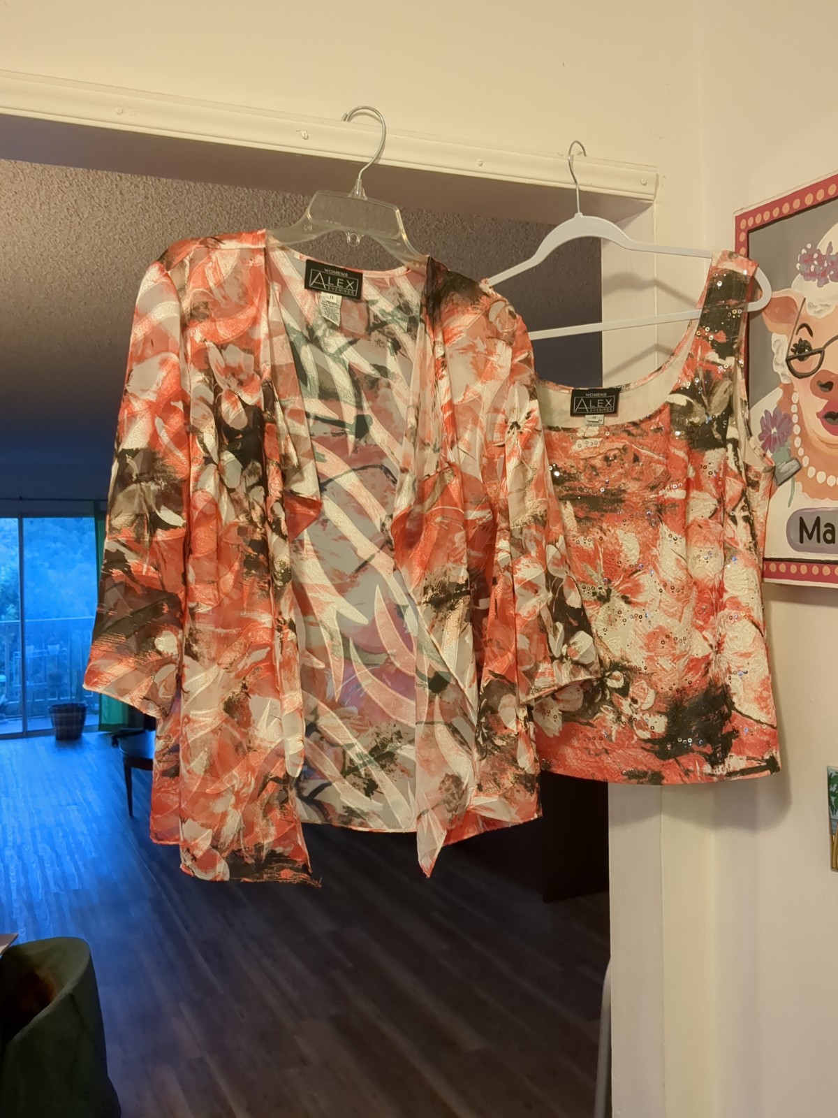 Alex Evenings 2Pc Floral Set 1X Tank Top & Sheer Over Blouse Sequins