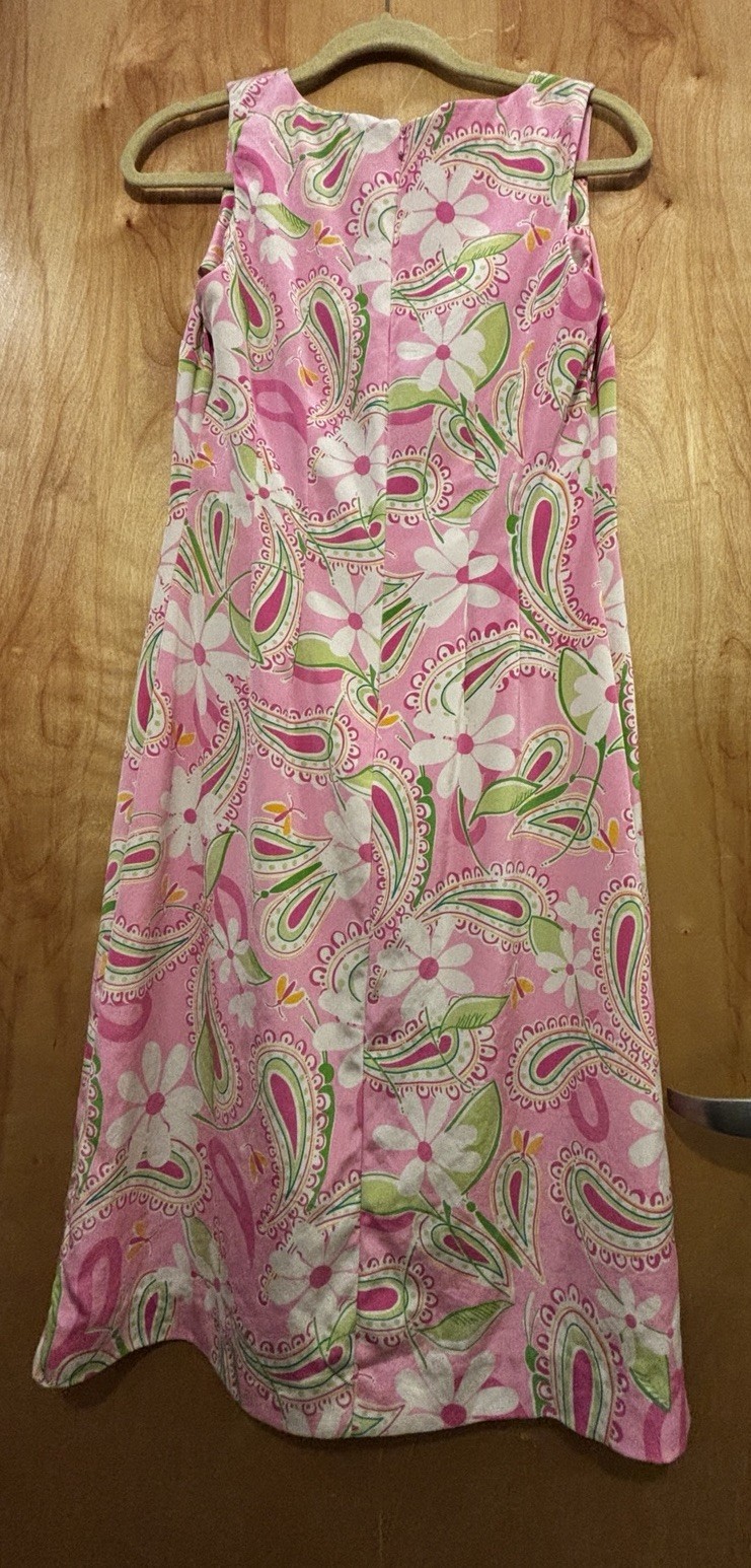 LILLY PULITZER Sheath Dress Size 6 Pink Paisley Floral Print SILK tea length