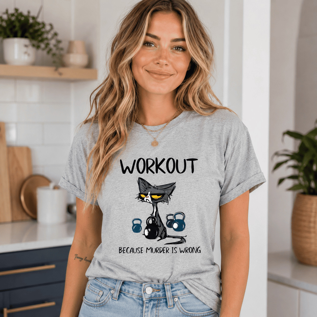 Women Funny Cat Kettlebell Graphic T-Shirt Gym Workout Lover Casual Tee Top