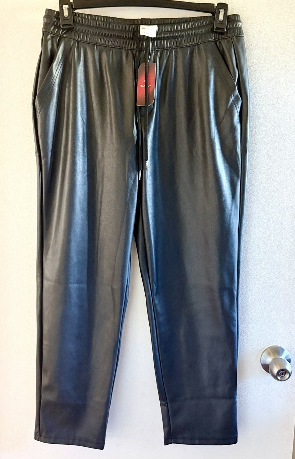 Faux Leather Jogger Pants Tapered Leg Flat Front Elastic Waist L