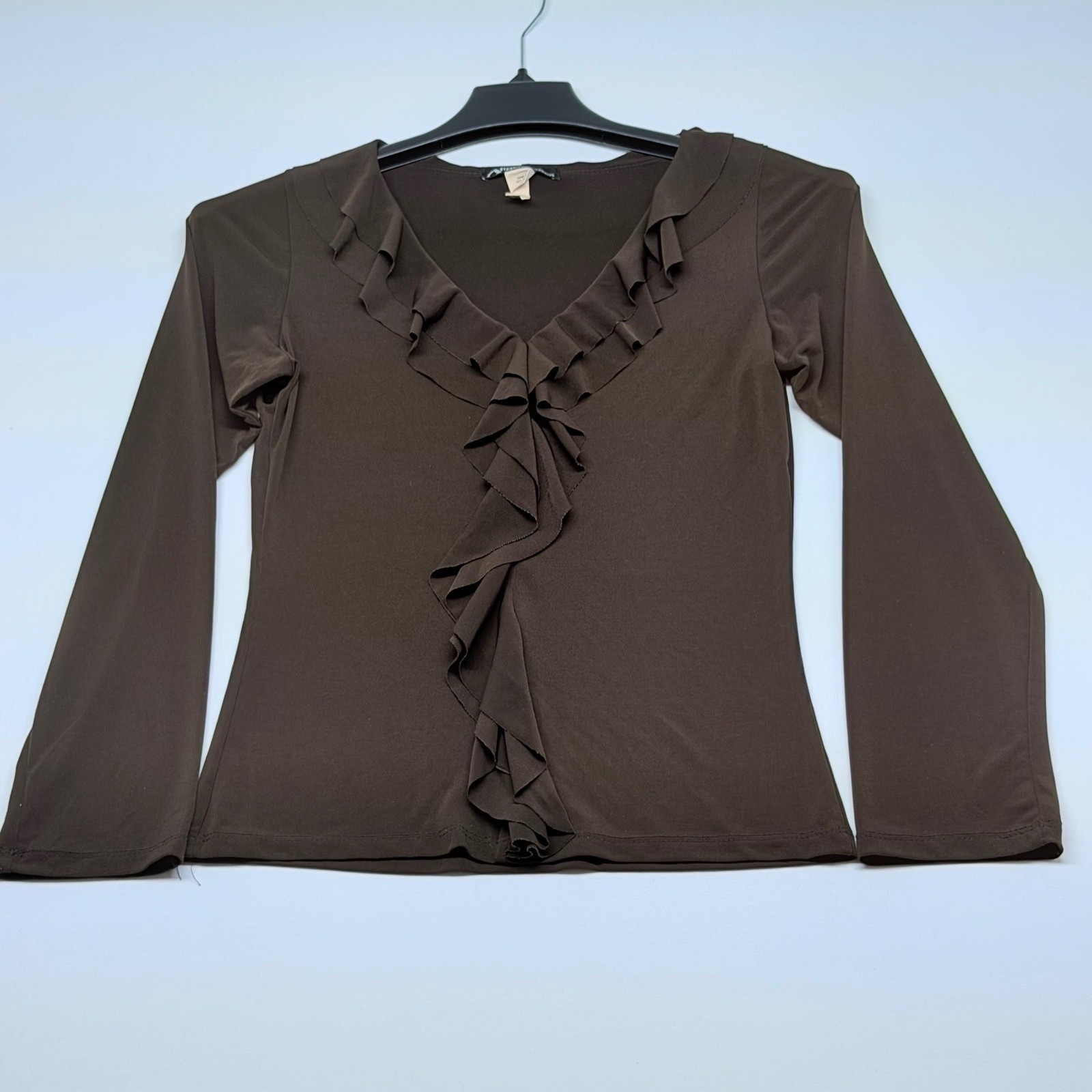 Angel Made in Heaven Brown Ruffle V Neck Long Sleeve Shirt Top Medium