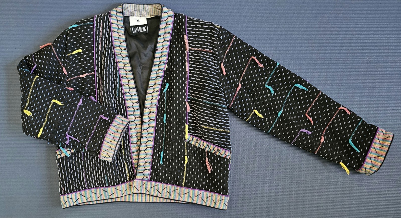 Vintage Yak Magik Women’s Small Black Open Jacket Woven Embroidery Beaded Art