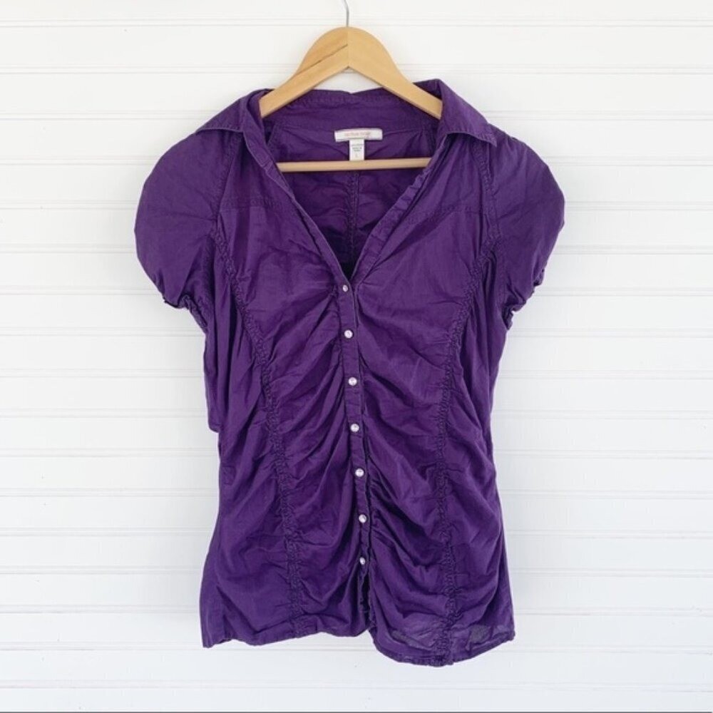 Active Basic Ruched Button Down Shirt Size L Purple Puff Sleeve Cotton Top