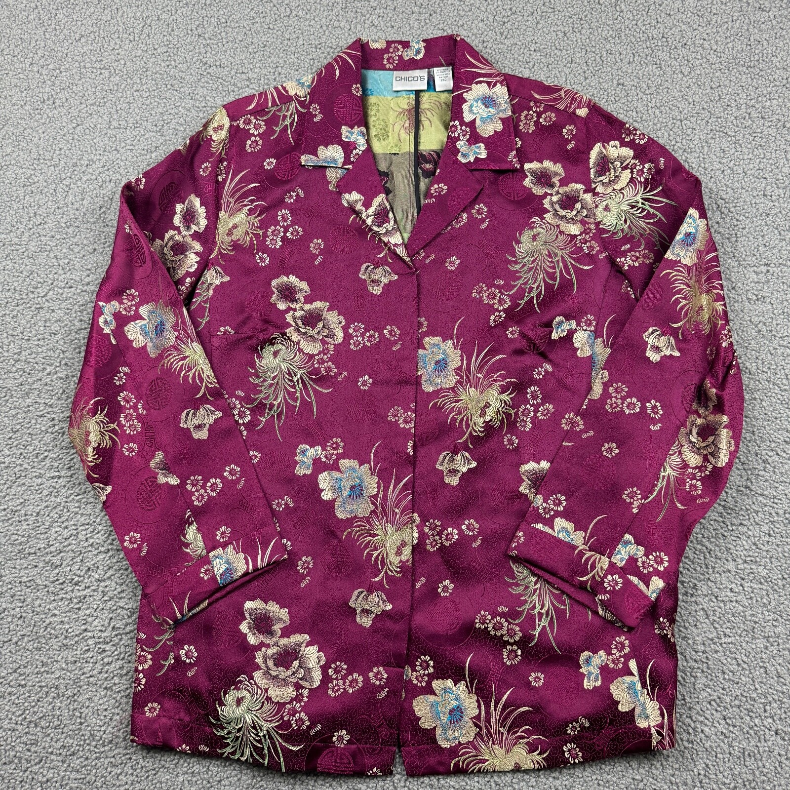 Chico’s Blazer Womens 2 Violet Jacket Asian Floral Print Button Up Rayon Blend