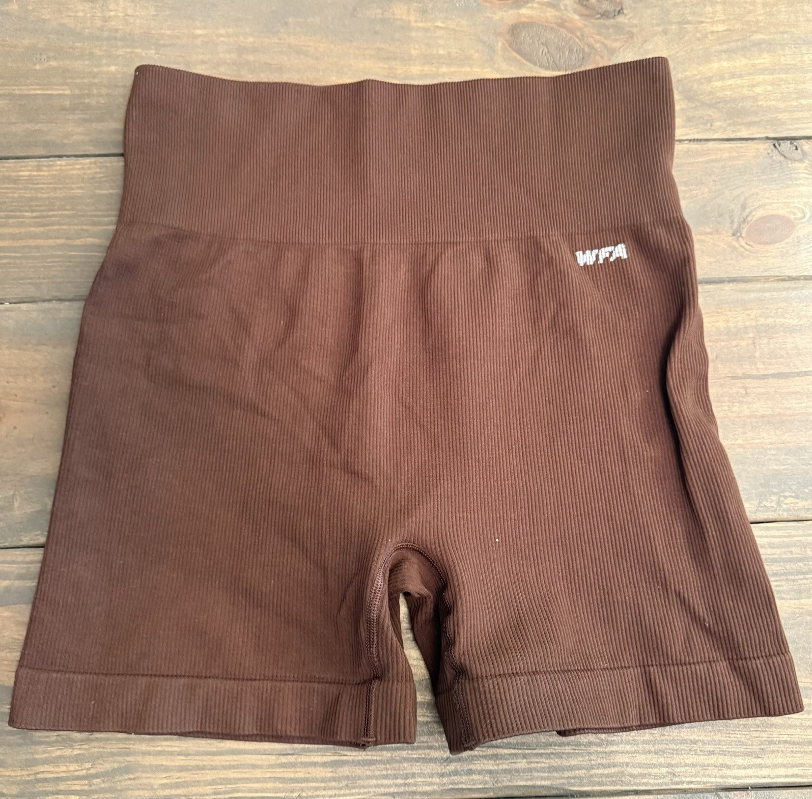White Fox Active Women’s Brown Ribbed Knit Biker Shorts Stretch Elastic Waist