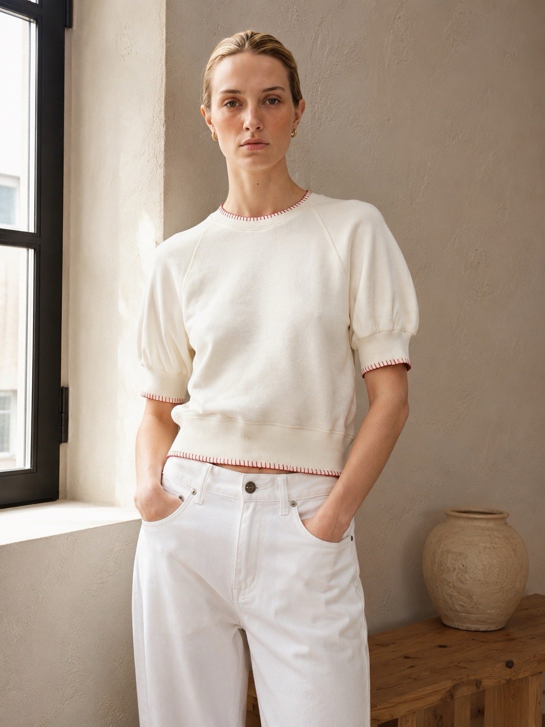 J.CREW Contrast Trim Heritage Terry Puff Sleeve Sweatshirt White M Crew Neck