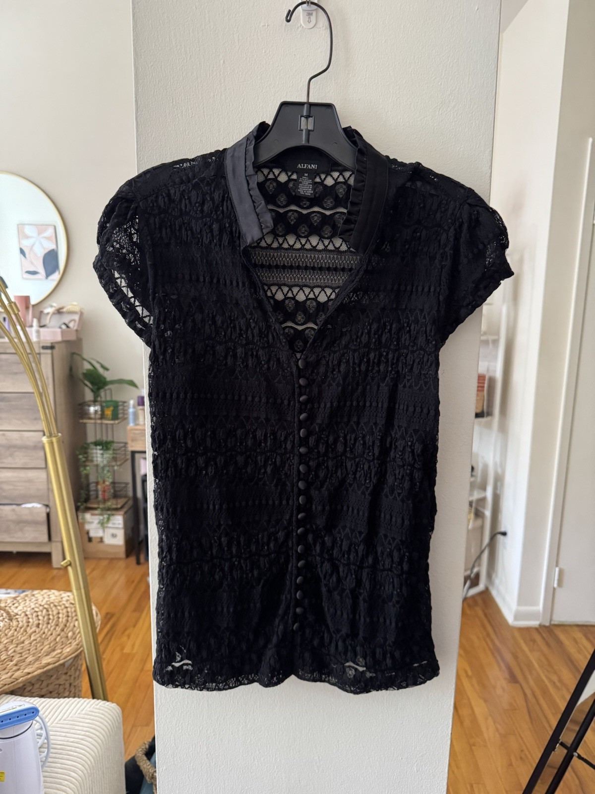 Alfani Lace Short Sleeve Button Up Blouse Top
