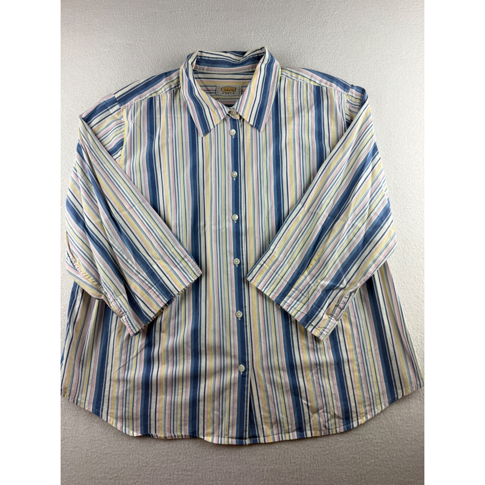 Talbots Woman Blue Yellow Pink Striped Button Down 3/4 Sleeve Shirt Plus Size