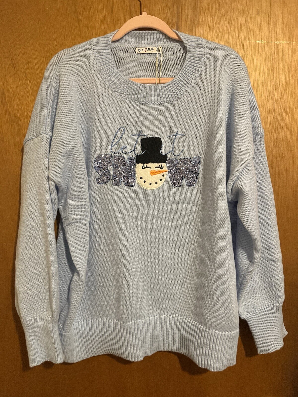XL Love In Faith Let It Snow Blue Sequin Embellished Snowman Polyester Sweater