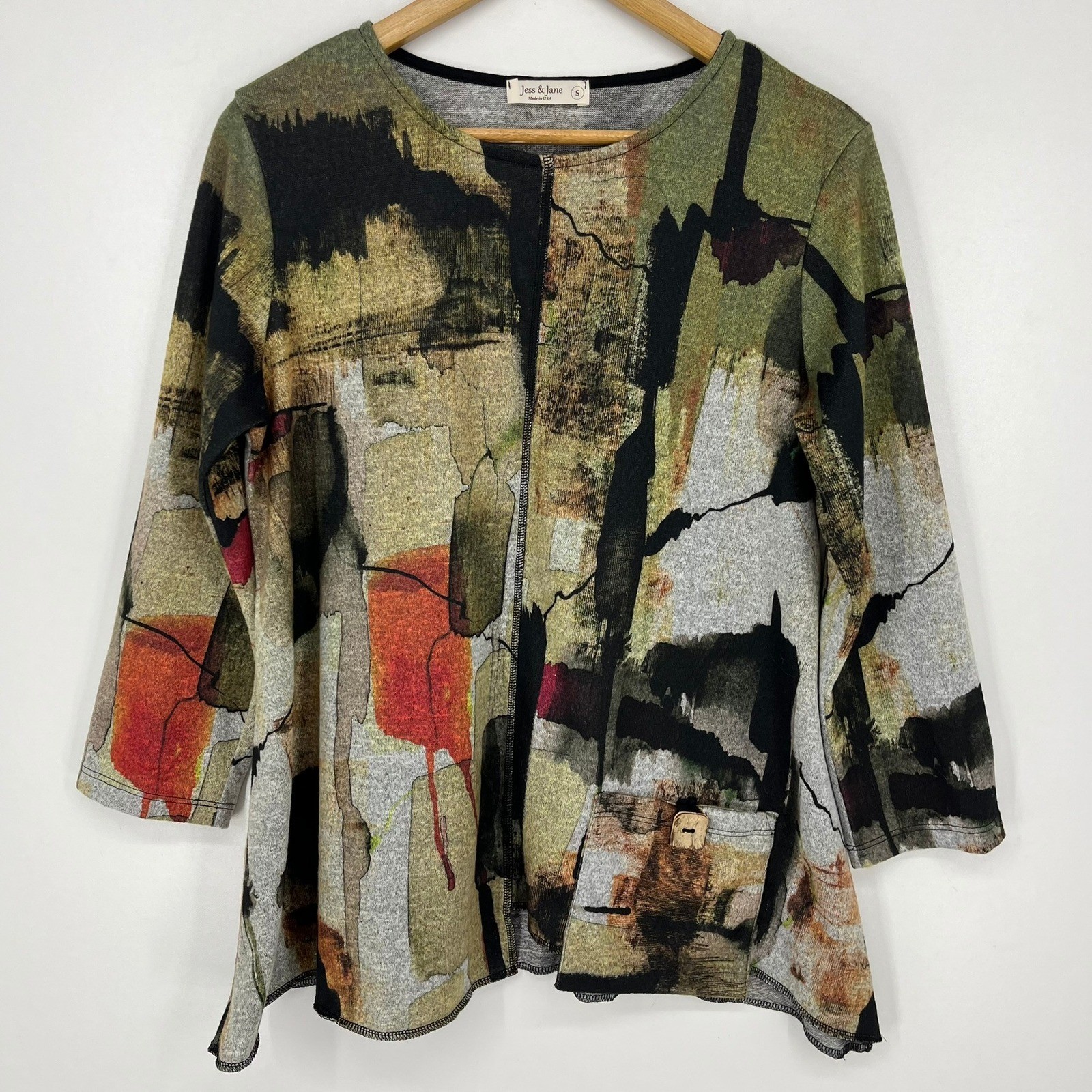 Jess & Jane Womens Small Abstract Print 3/4 Sleeve Tunic Top Earthy Artistic USA