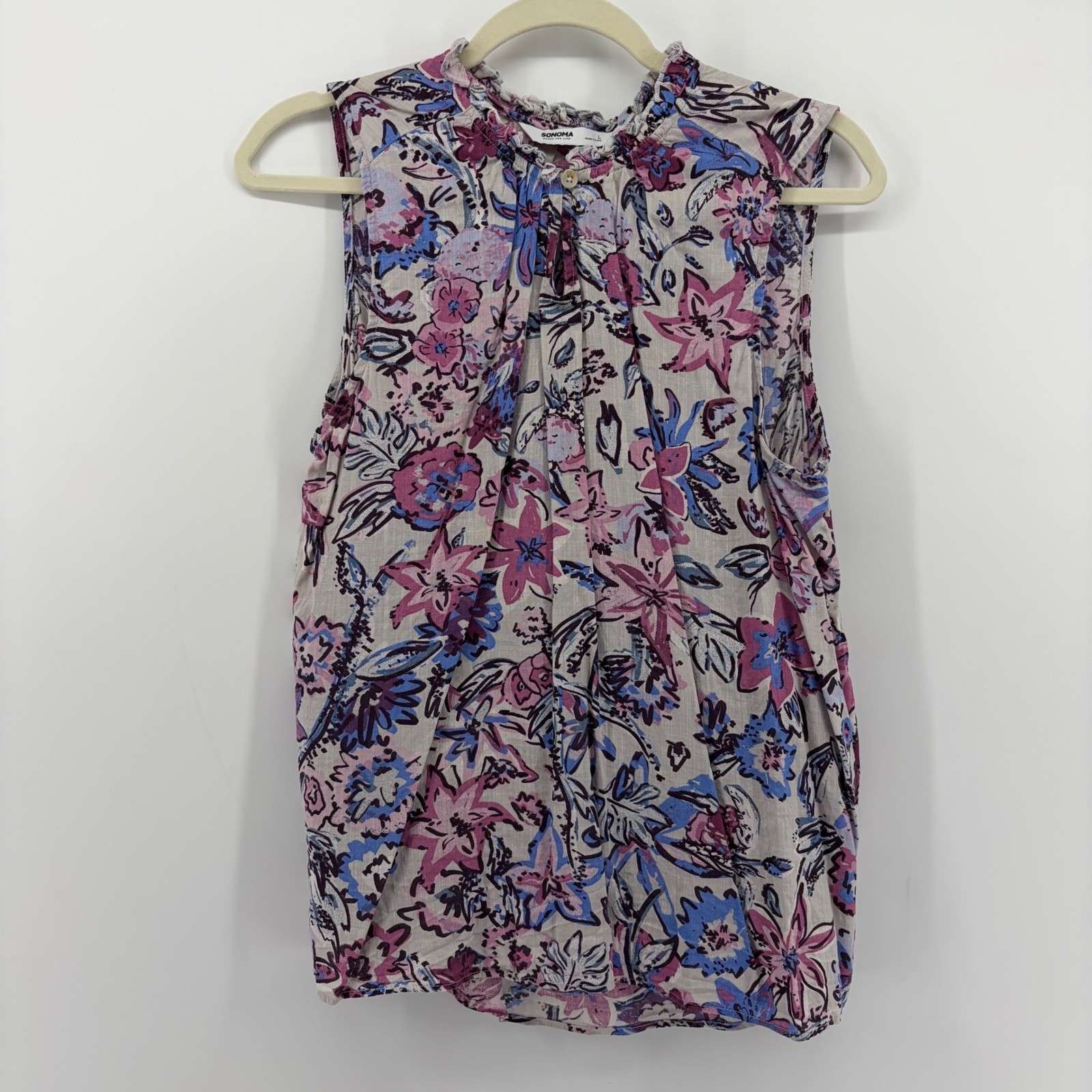 Sonoma Women Large Purple Gray Floral Sleeveless Ruffle Neck Cotton Rayon Blouse