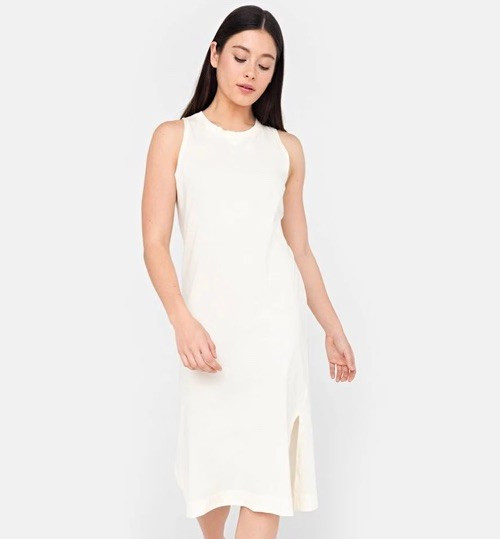 Easy Standard Ivory Solid Shift Sheath Dress Round Neck Sleeveless Midi XS